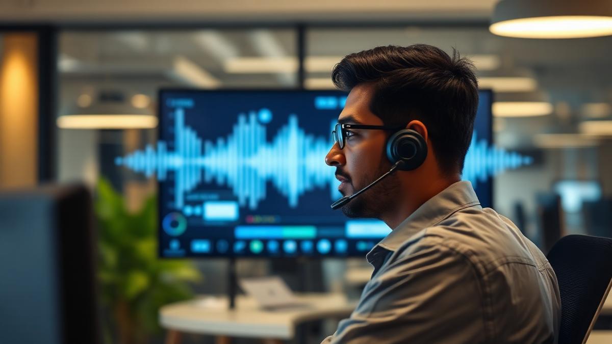 Person wearing a headset on a call with a voice waveform on a screen behind them