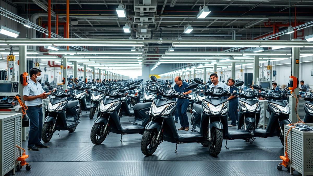 Electric scooters on an assembly line in an Indian manufacturing plant