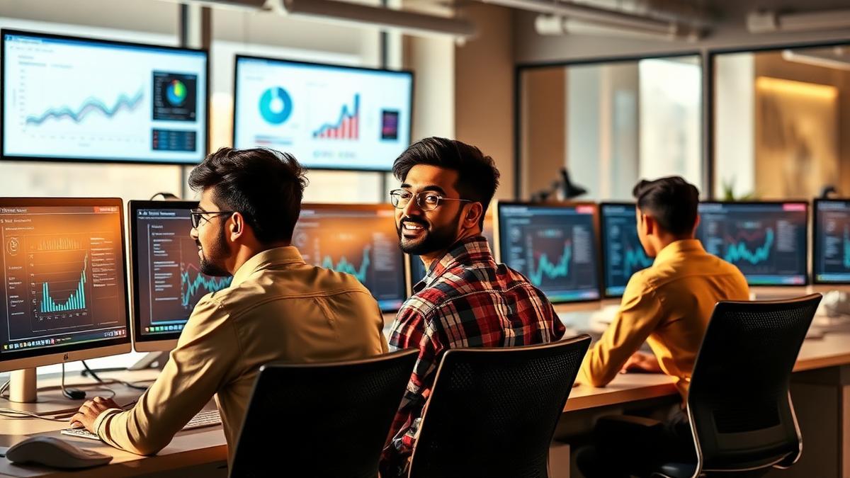 Startup team working at desks with marketing dashboards on monitors