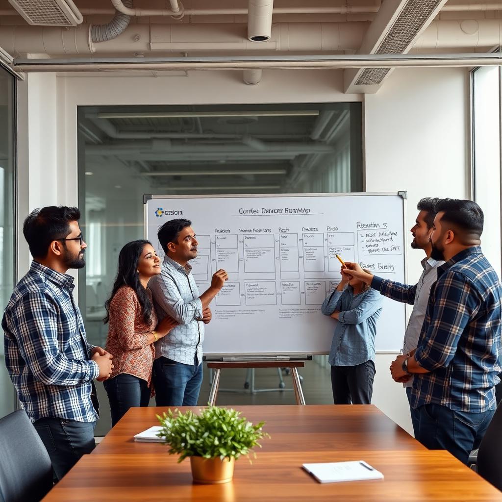 SaaS product team whiteboarding the roadmap in a modern Bengaluru office