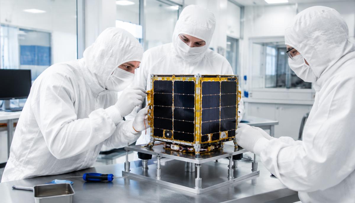 Engineers in clean-room suits assembling a small satellite