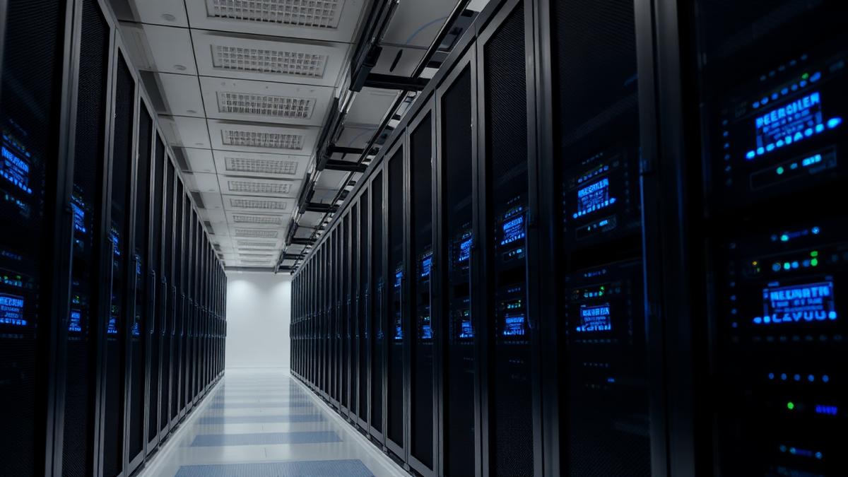 Rows of GPU server racks in a modern data centre corridor