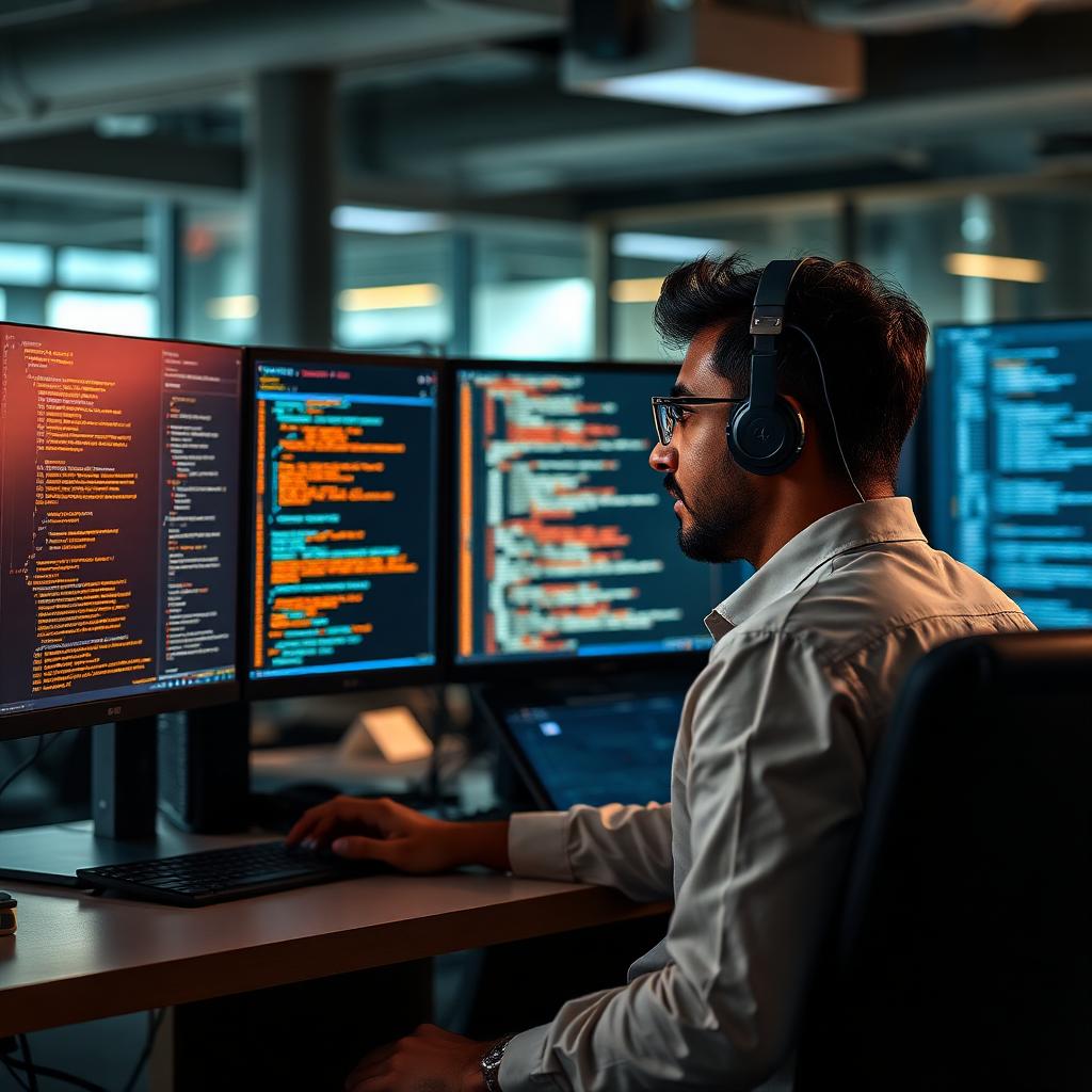 AI engineer at a multi-monitor coding workstation in a modern Indian startup office