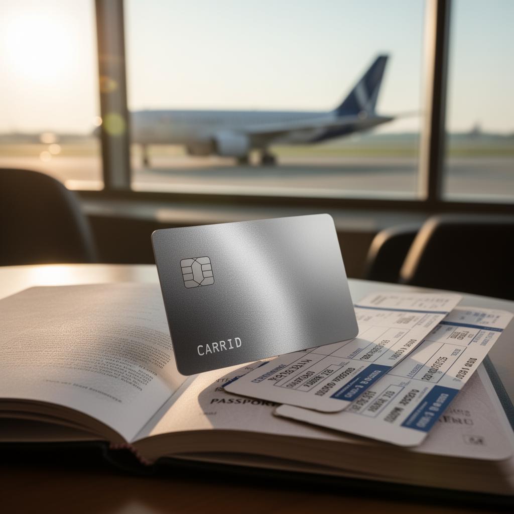 Scapia travel fintech credit card with airplane and rupee symbol illustration