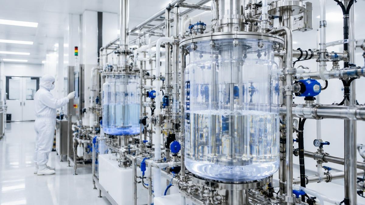 Cleanroom technician in a semiconductor chemical facility — AI-generated editorial illustration