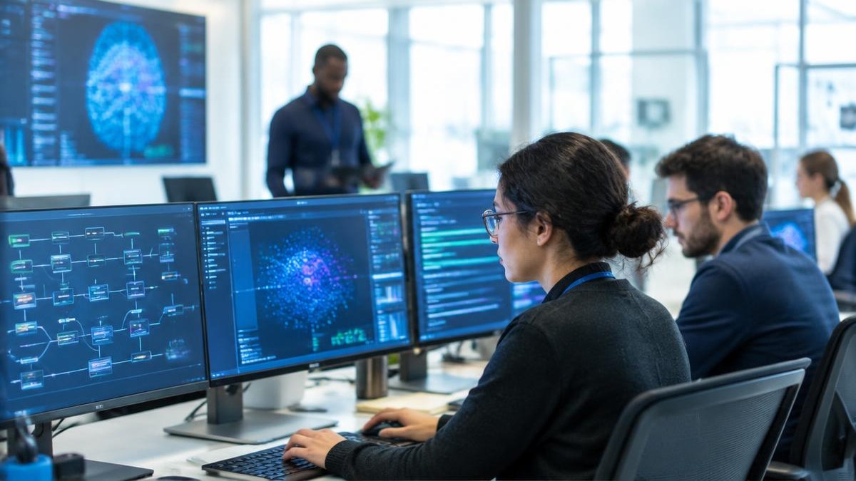 Engineers testing software workflows at monitors — AI-generated editorial illustration