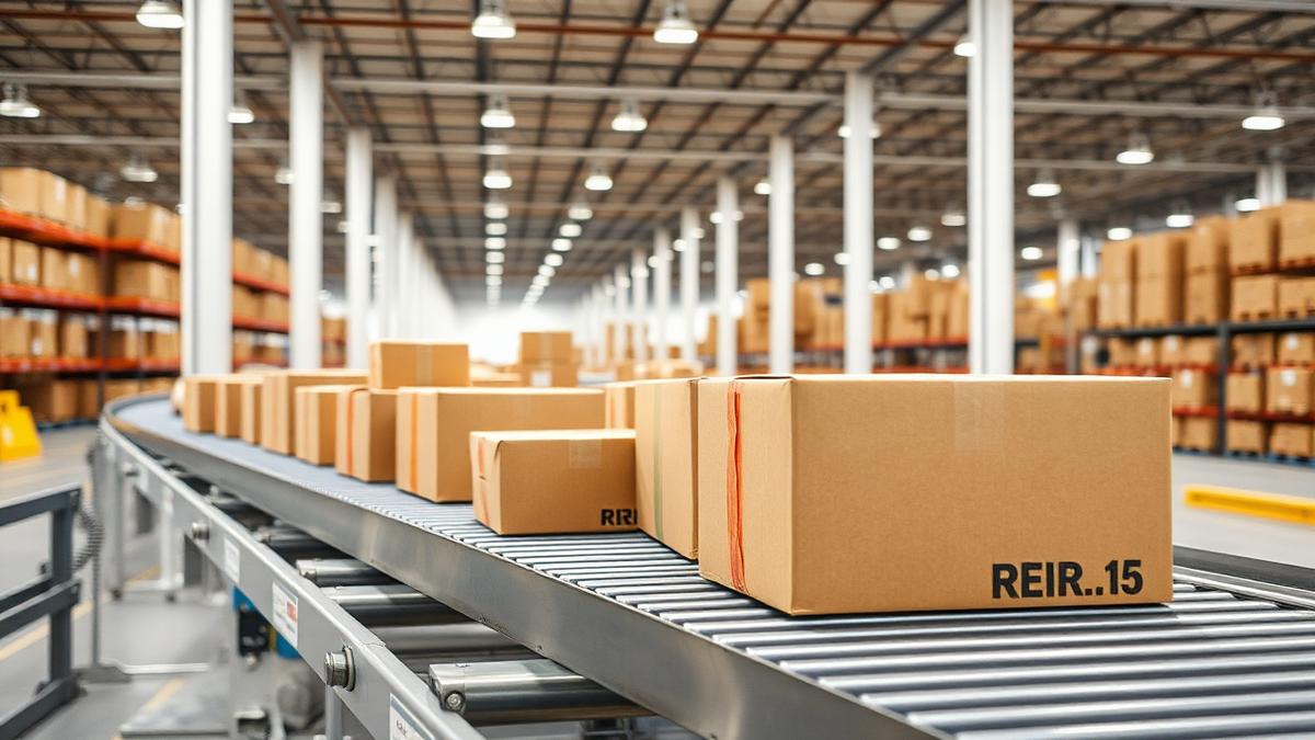 Cardboard parcels moving along a conveyor belt in a logistics warehouse