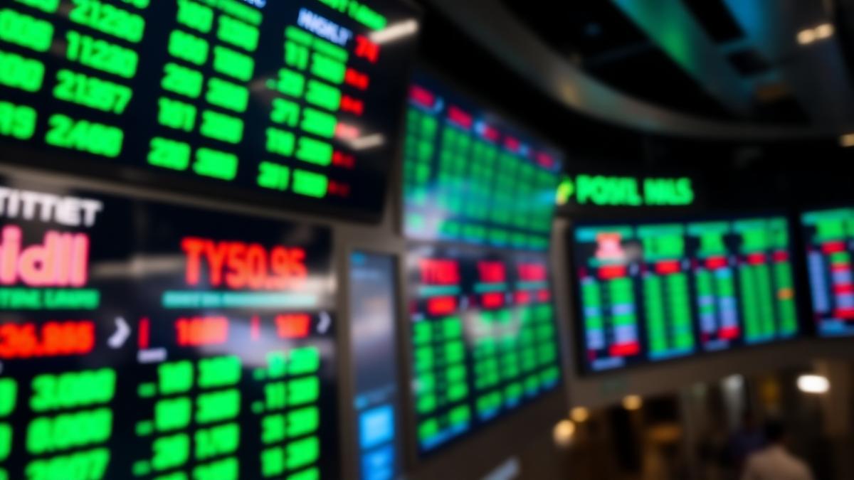 Stock exchange display boards showing rising green share prices on listing day