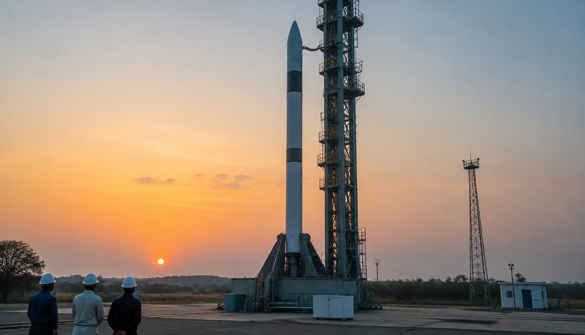 Small launch rocket on a launch pad at sunrise with engineers watching