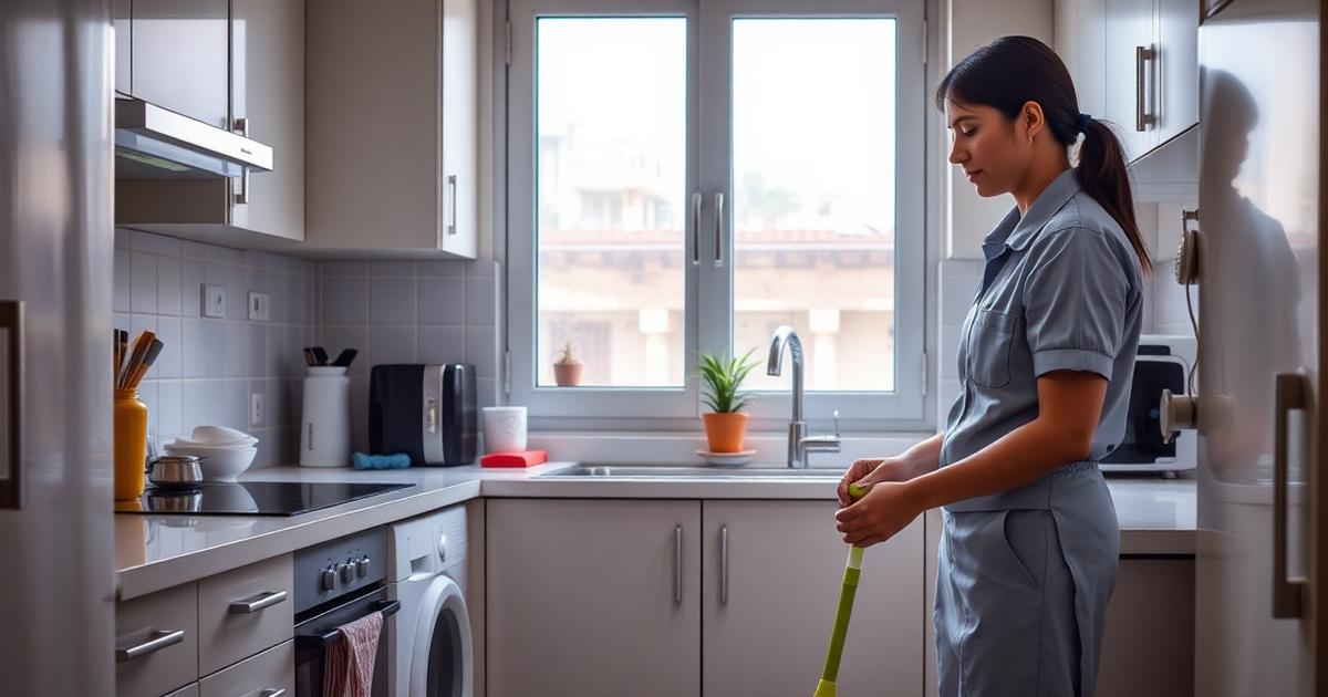 Home services professional cleaning a modern apartment kitchen in natural light