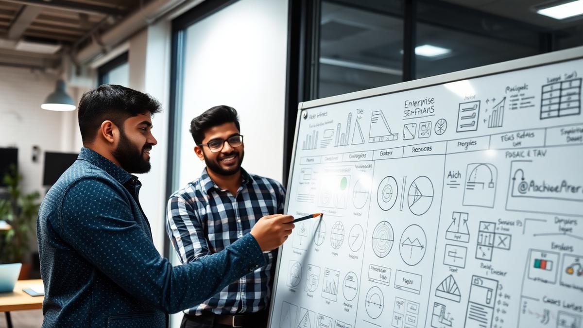 Two founders discussing product diagrams at a whiteboard in a startup office