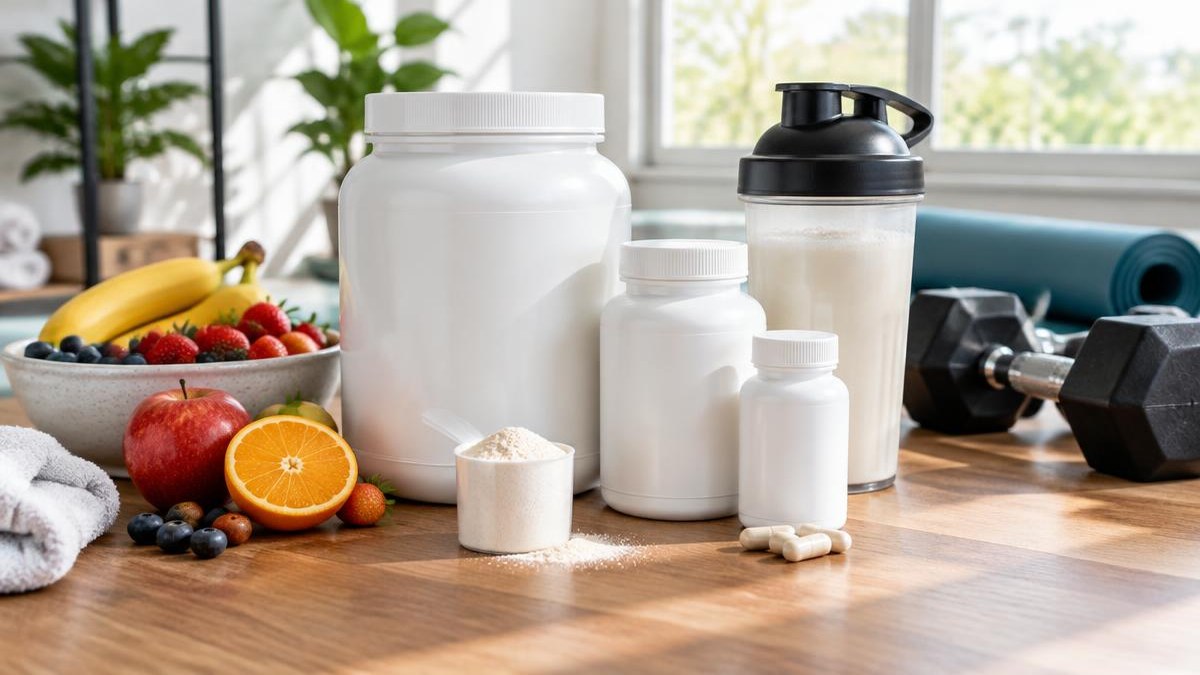 Unbranded nutritional supplements beside workout equipment — AI-generated editorial illustration