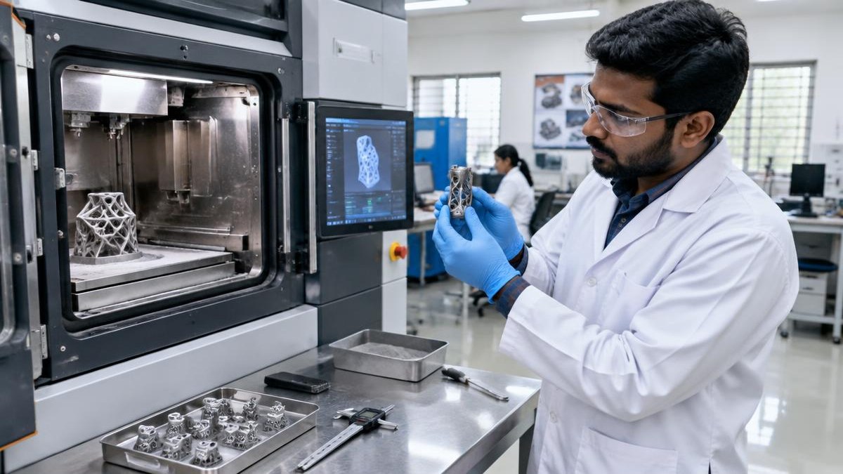 Engineer inspecting a metal component beside an additive manufacturing printer — AI-generated editorial illustration