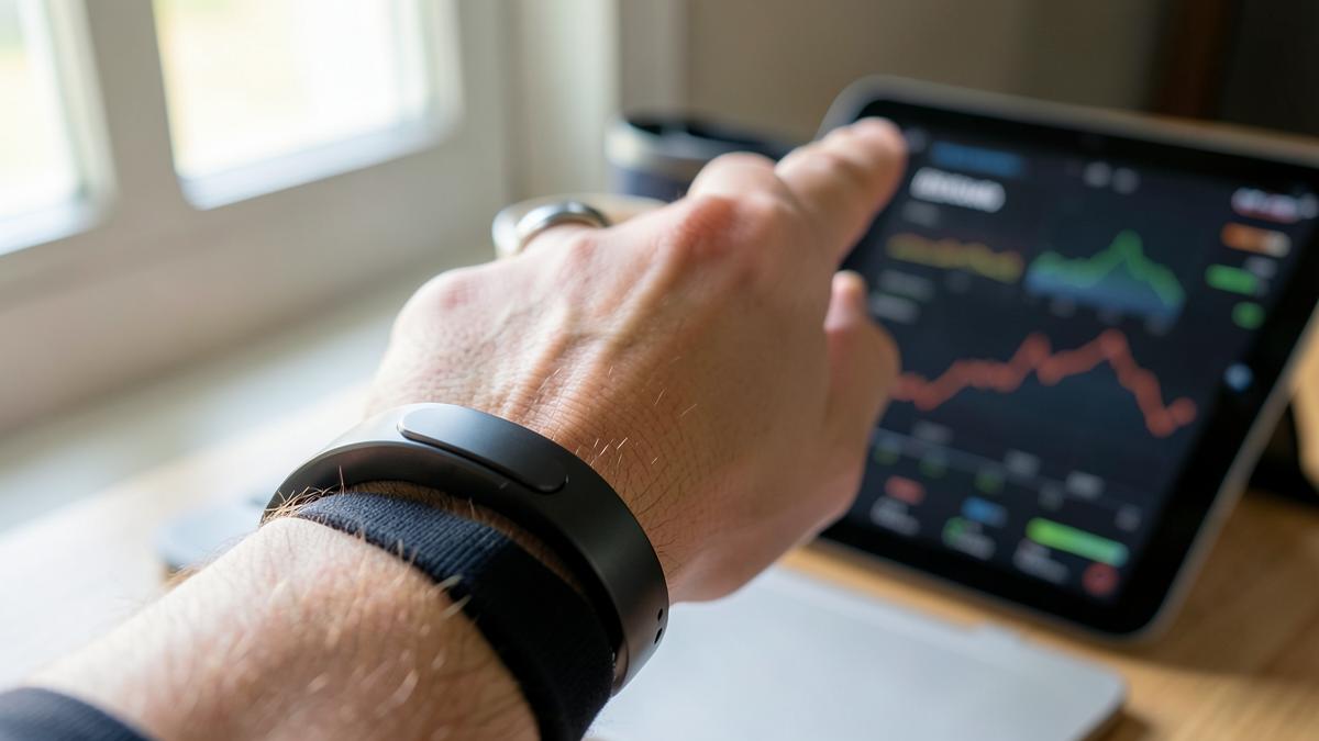 Close-up of a wrist wearing a black smart band next to a tablet showing health charts