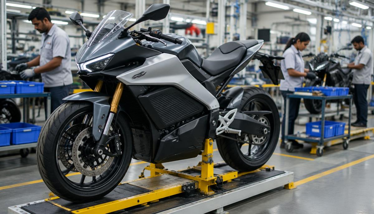 Electric sport motorcycle on a factory assembly line with technicians working nearby
