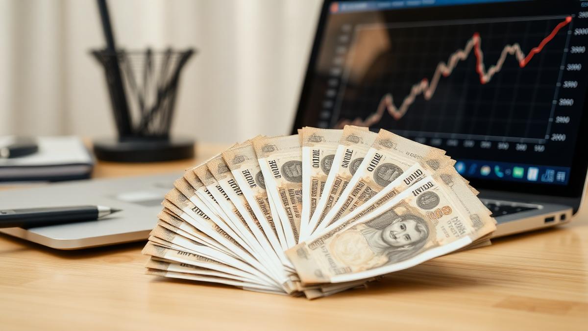 Indian rupee notes on a desk beside a laptop displaying a rising line chart