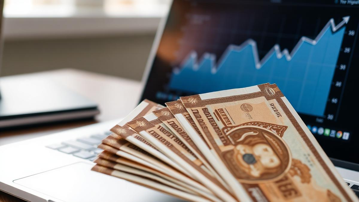 Indian rupee notes beside a laptop showing a rising line chart