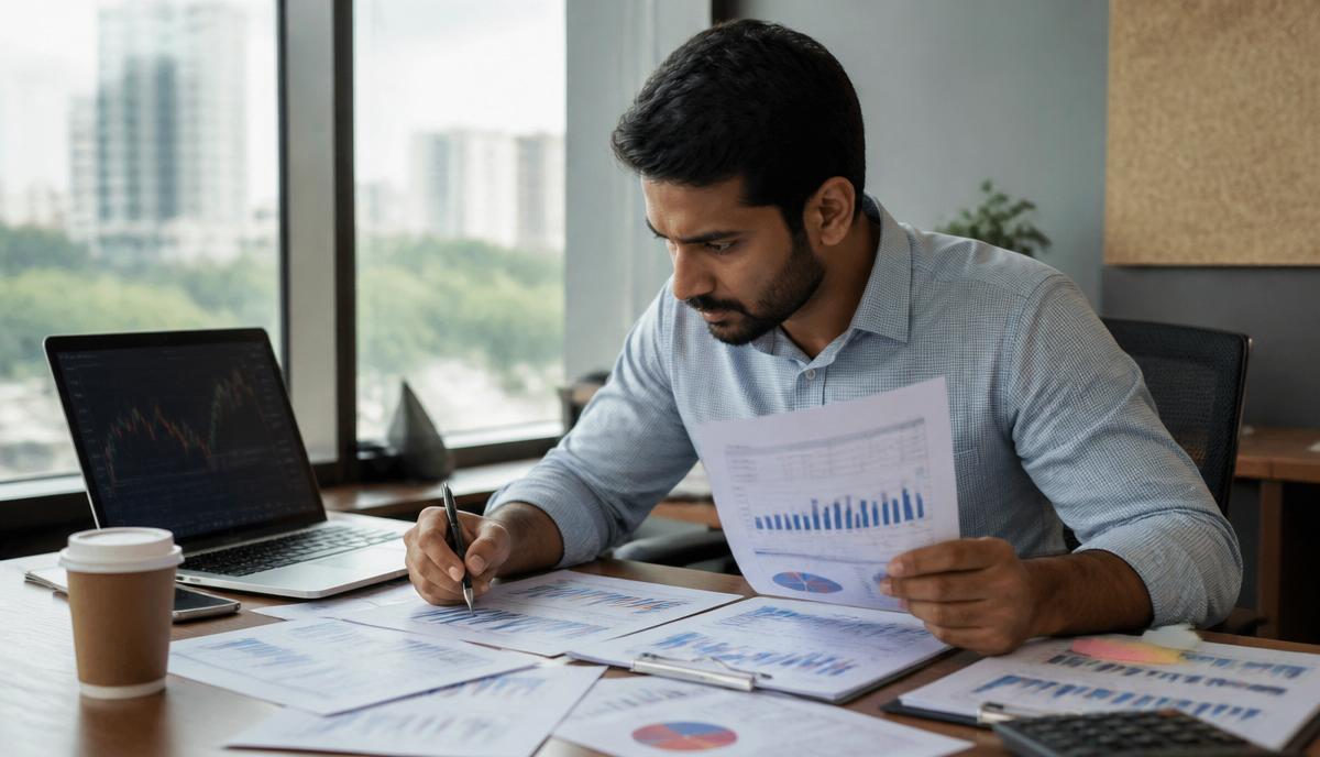 Indian rupee notes, calculator and laptop showing funding analytics on a wooden desk