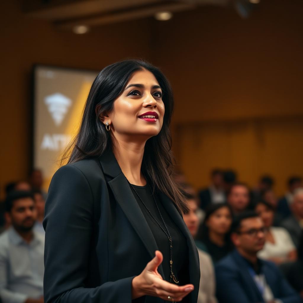 Indian woman founder presenting at a startup pitch event with audience in the background