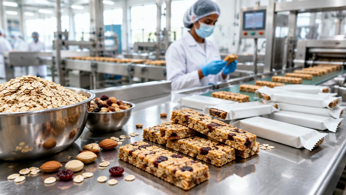 Quality control worker inspecting cereal bars on a food production line — AI-generated editorial illustration