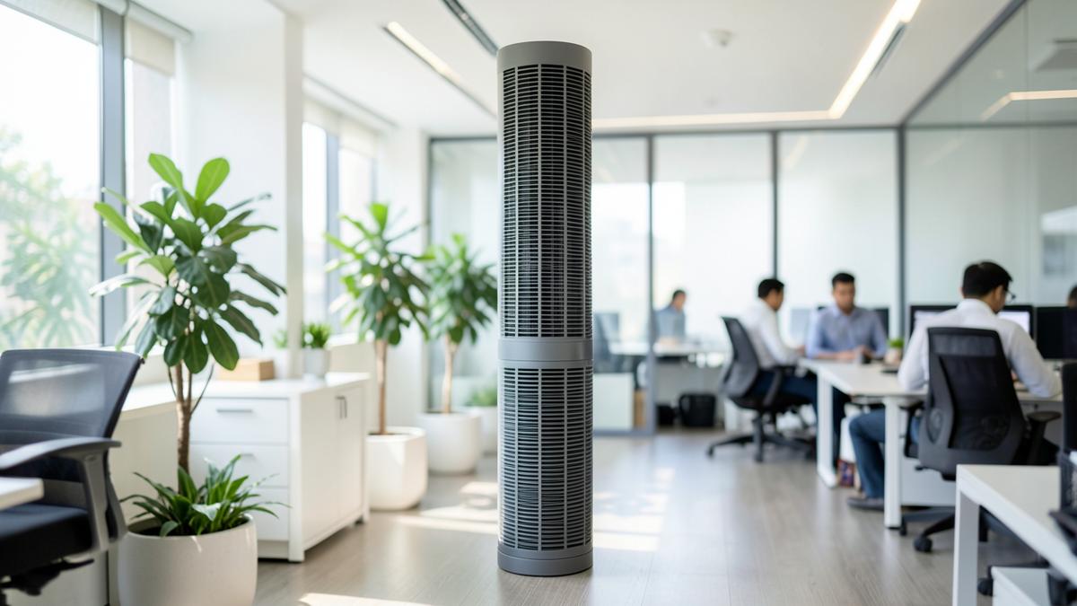 Tall cylindrical air purification unit in a bright modern office with plants and staff working