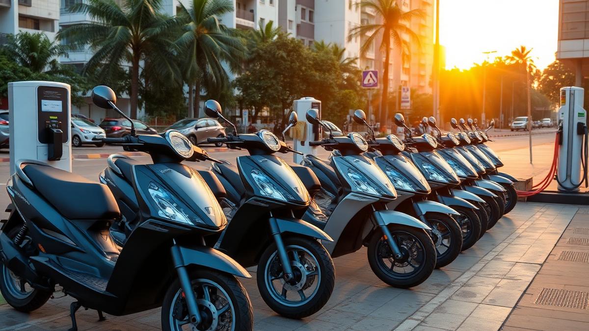 Row of electric scooters parked at an urban charging station in India at sunset