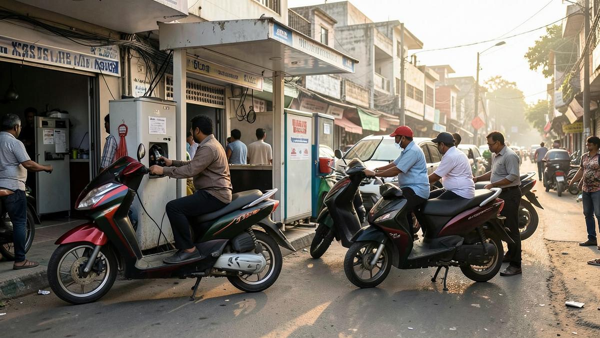 Delivery riders swapping battery packs at a roadside station in an Indian city