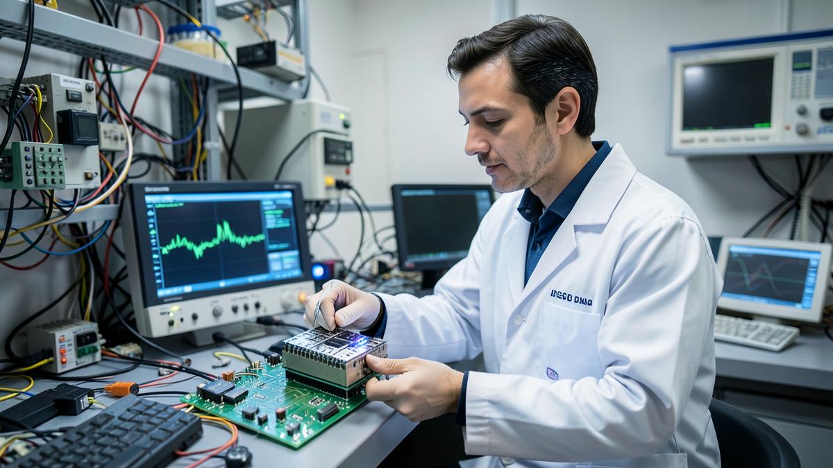 Engineer in a lab coat testing a power electronics module on a bench with an oscilloscope