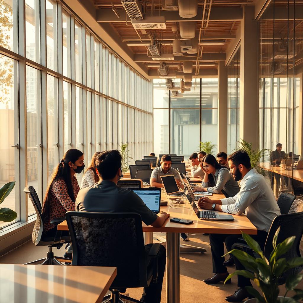 Modern Indian quick-commerce startup team collaborating in a Bengaluru office with floor-to-ceiling windows